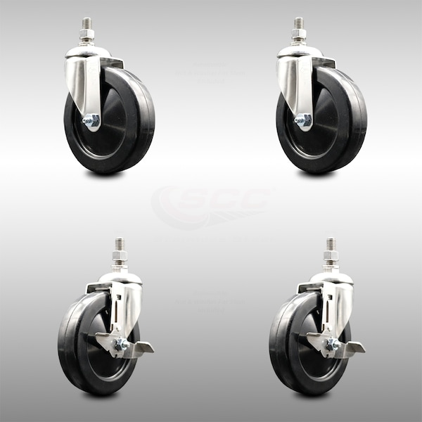Service Caster 5 Inch 316SS Hard Rubber Wheel Swivel 12mm Threaded Stem Caster Brakes, 2PK SCC-SS316TS20S514-HRS-M1215-2-TLB-2 - main